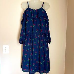 NWT Rockabilly 90s Navy Blue Cherry Print Off Shoulder Dress Large